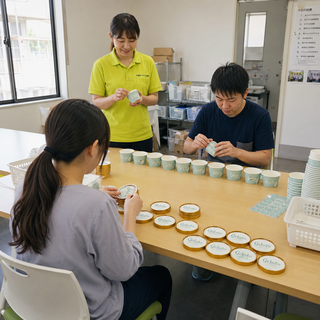 シール貼り作業をしている写真
